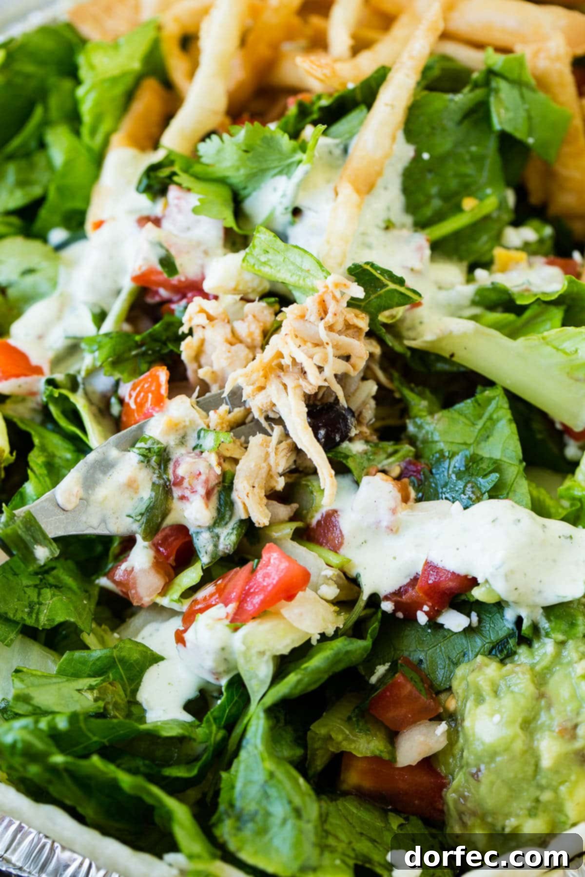 Cafe Rio Shredded Chicken: An Authentic Taste of the Southwest 3 Fork full of Cafe Rio chicken on a salad