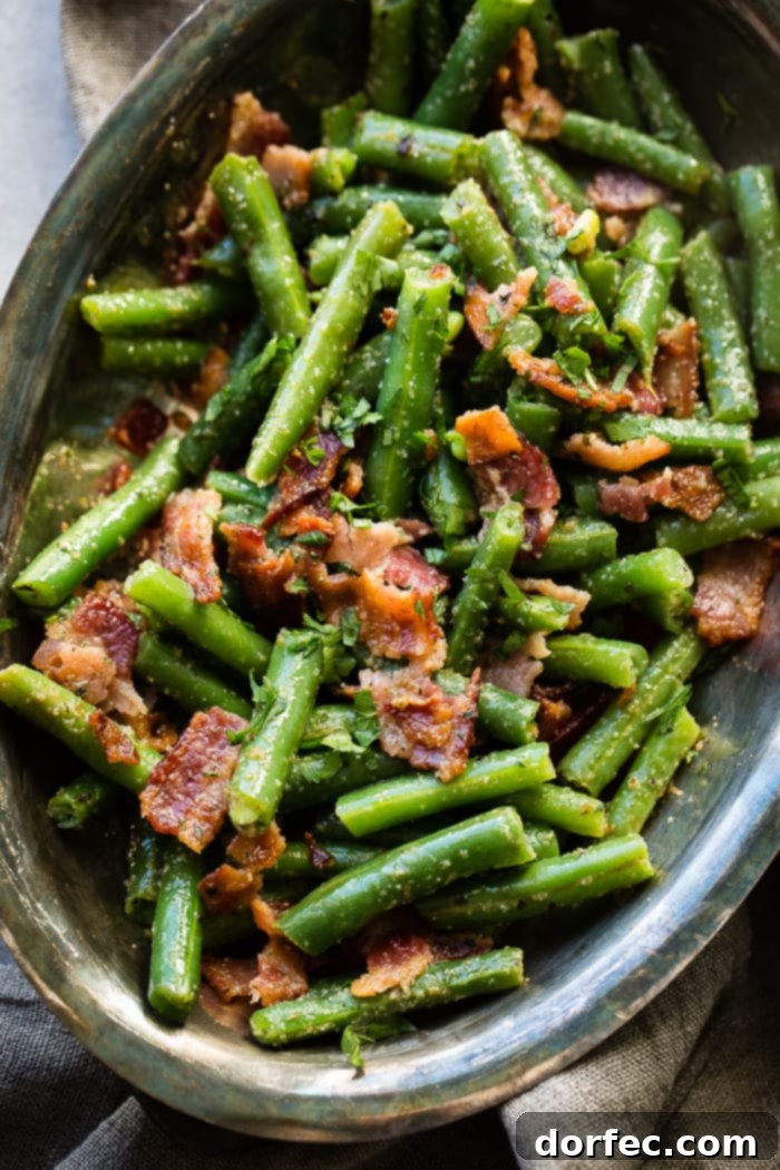 Green Beans with Bacon in a Silver Bowl