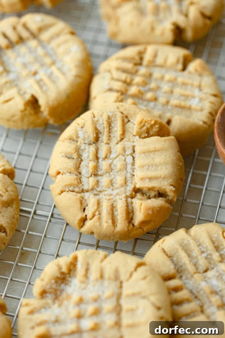Classic peanut butter cookies cooling on a wire rack