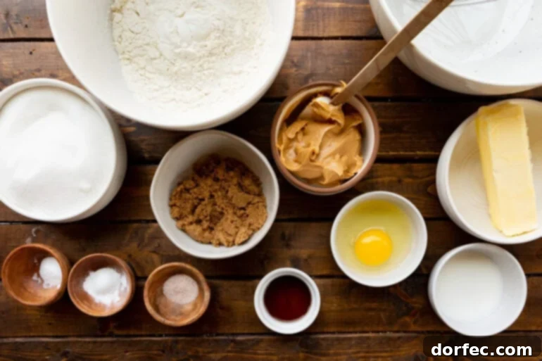 Bakery-Style Peanut Butter Dream Cookies 3 All the ingredients for peanut butter cookies in separate bowls.