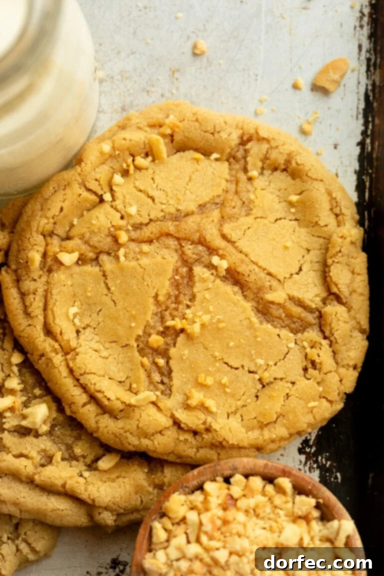 Bakery-Style Peanut Butter Dream Cookies 5 Overhead view of a large peanut butter cookie with chopped peanuts sprinkled on top.