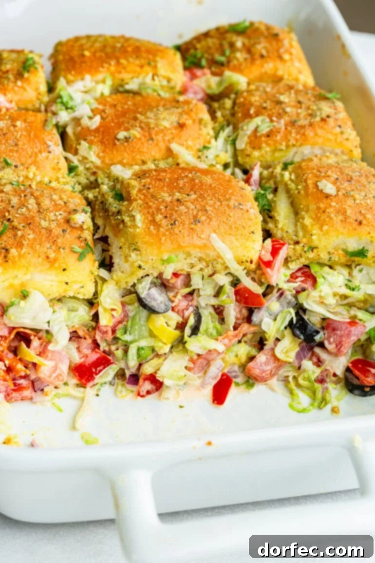 Baking pan of golden Italian sliders