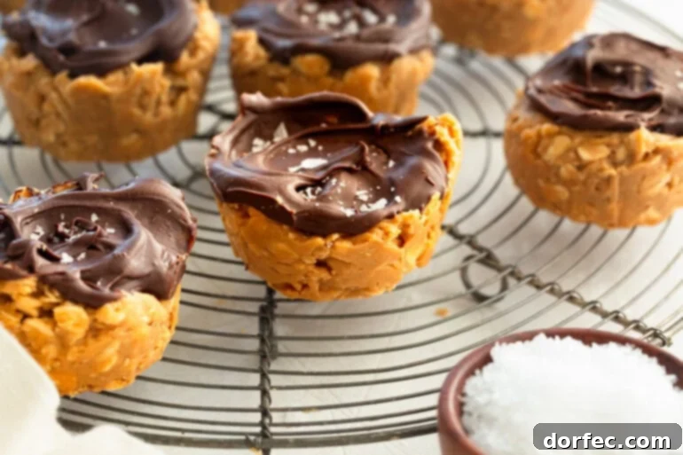 Chocolate Peanut Butter Oatmeal Cups 5 Several no-bake peanut butter oat cups topped with chocolate and salt on a wire rack with a small bowl of sea salt