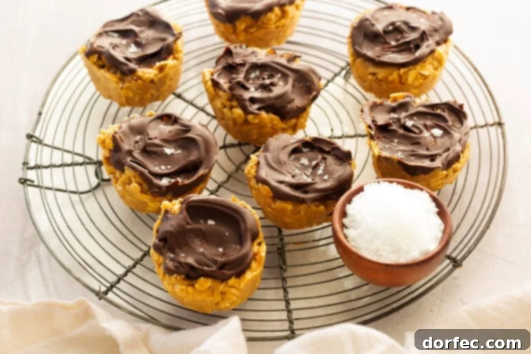 Chocolate Peanut Butter Oatmeal Cups 7 Several no-bake peanut butter oat cups topped with chocolate and salt on a wire rack with a small bowl of sea salt