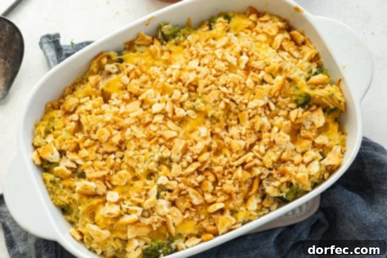 Effortless Chicken, Broccoli, and Rice Bake 4 A baked Chicken Broccoli Rice Casserole with a golden Ritz cracker topping