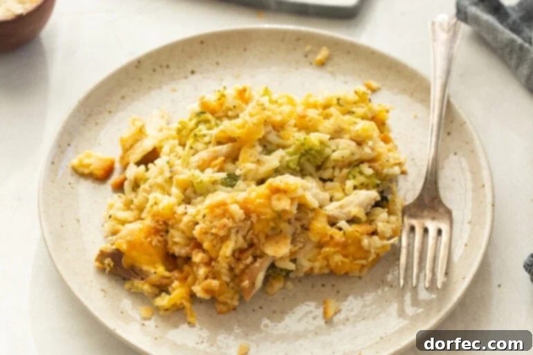 Effortless Chicken, Broccoli, and Rice Bake 5 A dinner plate with a serving of cheesy Chicken Broccoli Rice Casserole