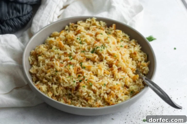 Fluffy rice pilaf in a serving bowl
