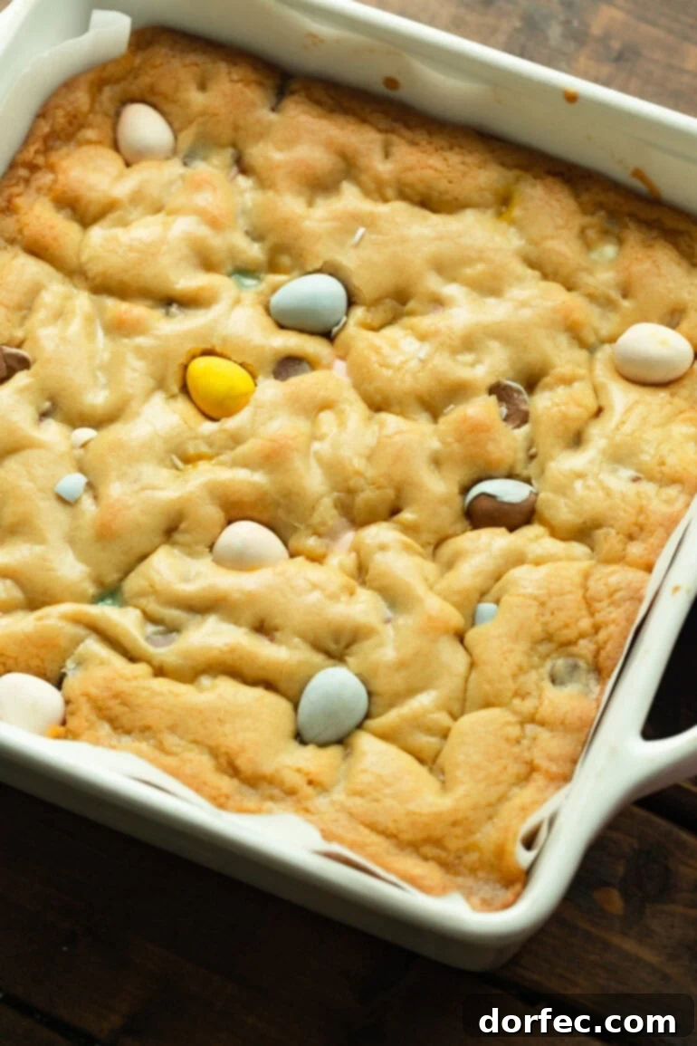 Freshly baked blondies with melted Cadbury Mini Eggs