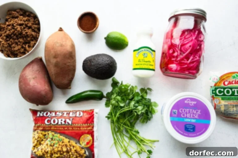 Ingredients for street corn ground beef sweet potato bowl