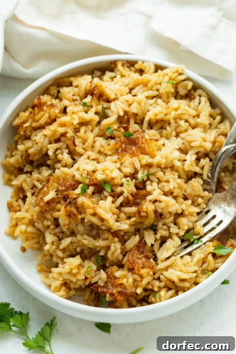 French Onion Rice 2 Creamy, comforting rice with a deep savory flavor served in a cozy bowl, ready to be enjoyed.