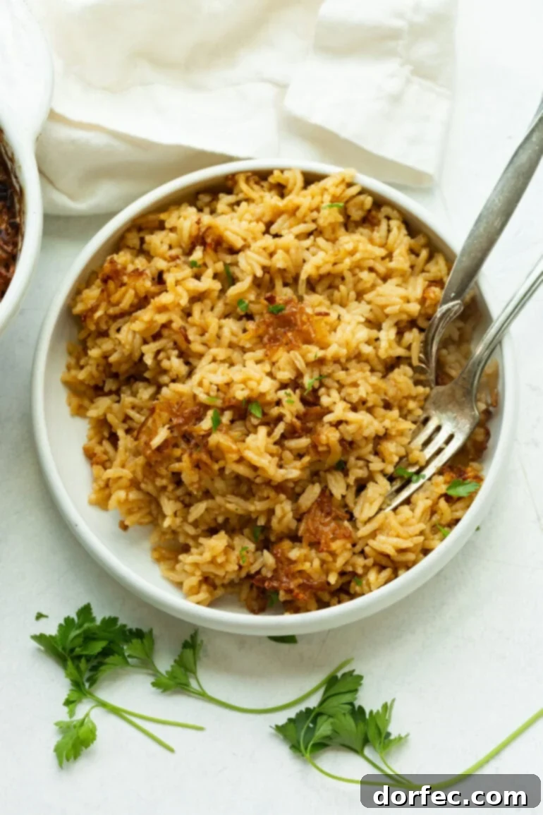French Onion Rice 4 Buttery rice cooked to perfection in the oven and dished up in a ceramic bowl, garnished and ready to be served as a comforting side.