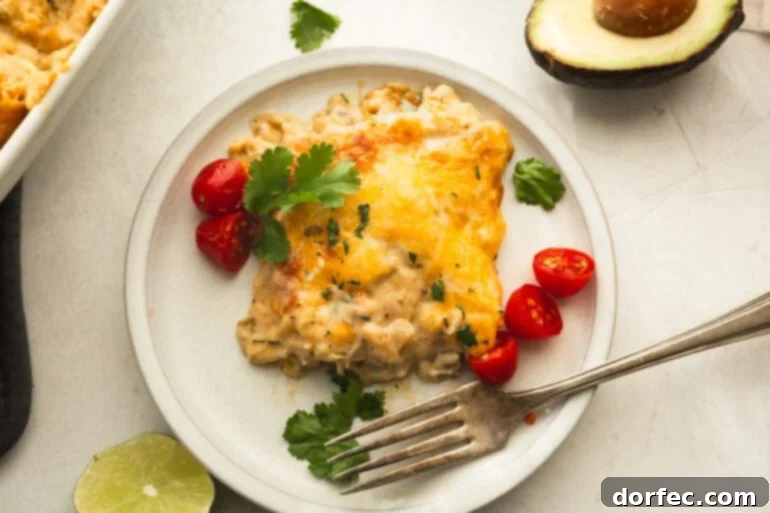 Homestyle Creamy Chicken Enchilada Bake 3 A generous serving of creamy chicken enchilada casserole on a dinner plate, garnished with fresh cilantro and surrounded by halved cherry tomatoes, ready to be enjoyed.