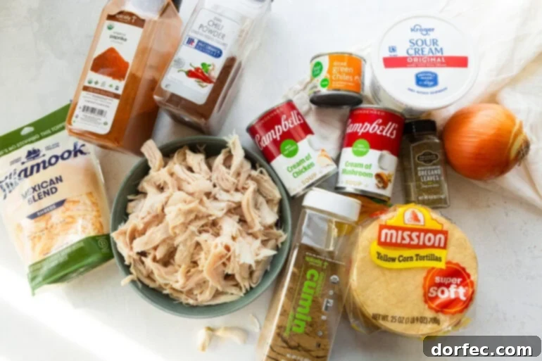 Homestyle Creamy Chicken Enchilada Bake 4 All the fresh and pantry ingredients laid out, ready for preparing a creamy chicken enchilada casserole.