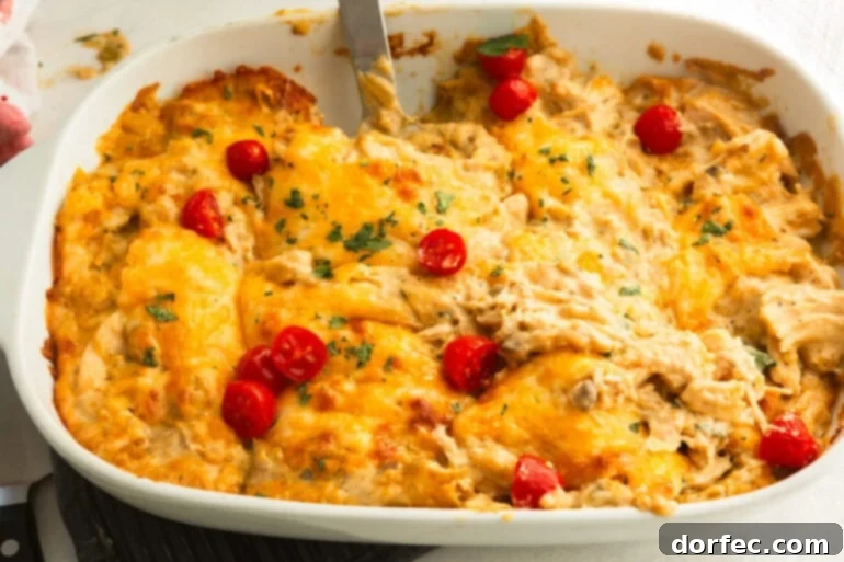 Homestyle Creamy Chicken Enchilada Bake 5 A casserole dish filled with baked chicken enchilada casserole, sliced into individual servings, with a spatula poised to lift a serving from the pan.