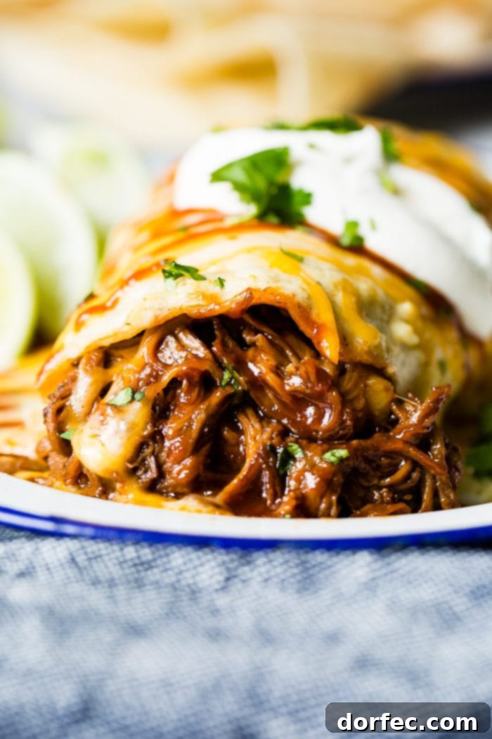 A close-up shot of a savory Enchilada Style Beef Burrito, generously smothered in rich red enchilada sauce and topped with melted cheese.