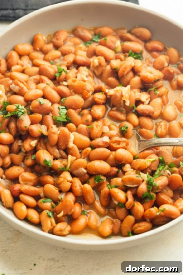A bowl of comforting seasoned pinto beans, a perfect side dish for any Mexican meal.