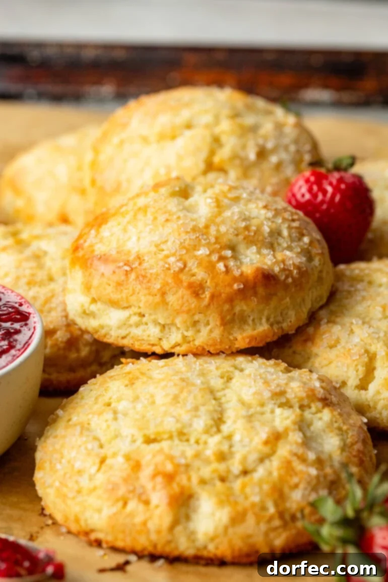 A batch of freshly baked golden brown sweet cream biscuits on parchment paper.