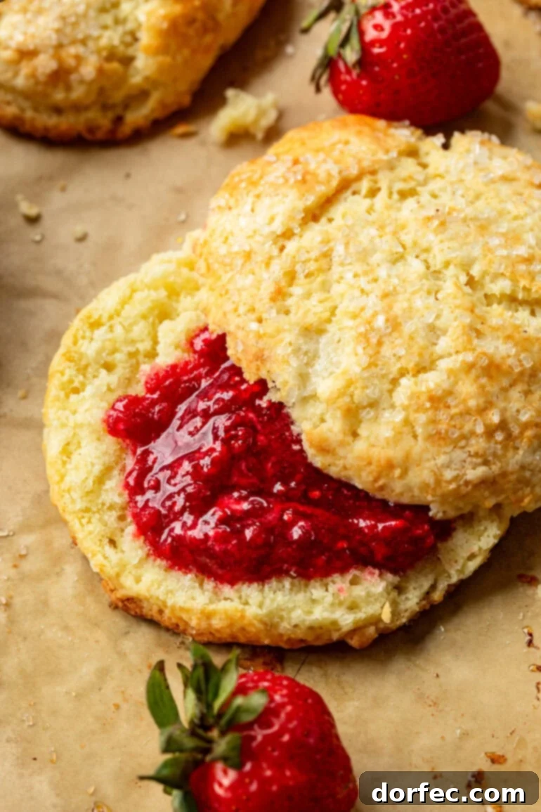 A homemade sweet cream biscuit split in half with raspberry jam inside.