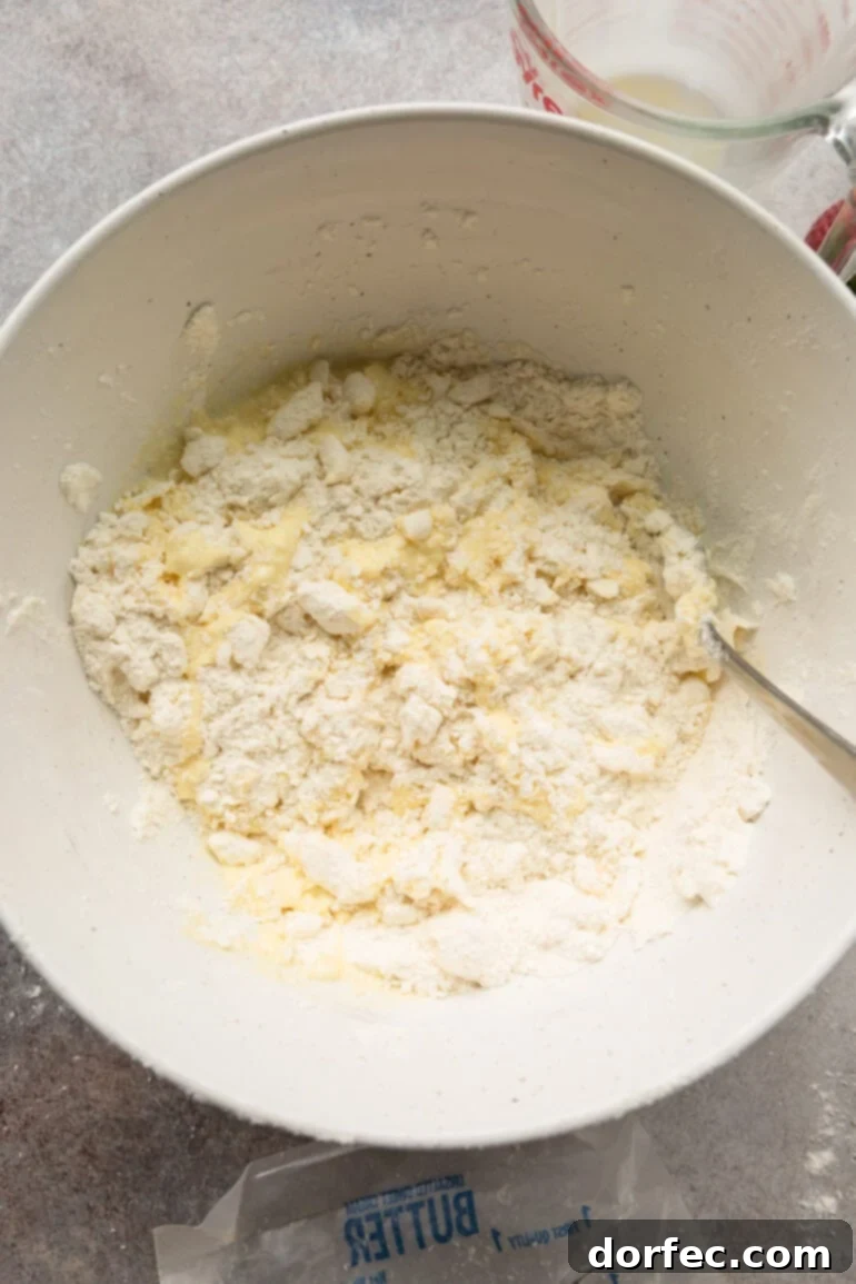 Step-by-step image showing wet ingredients being poured into the dry ingredients for biscuit dough.