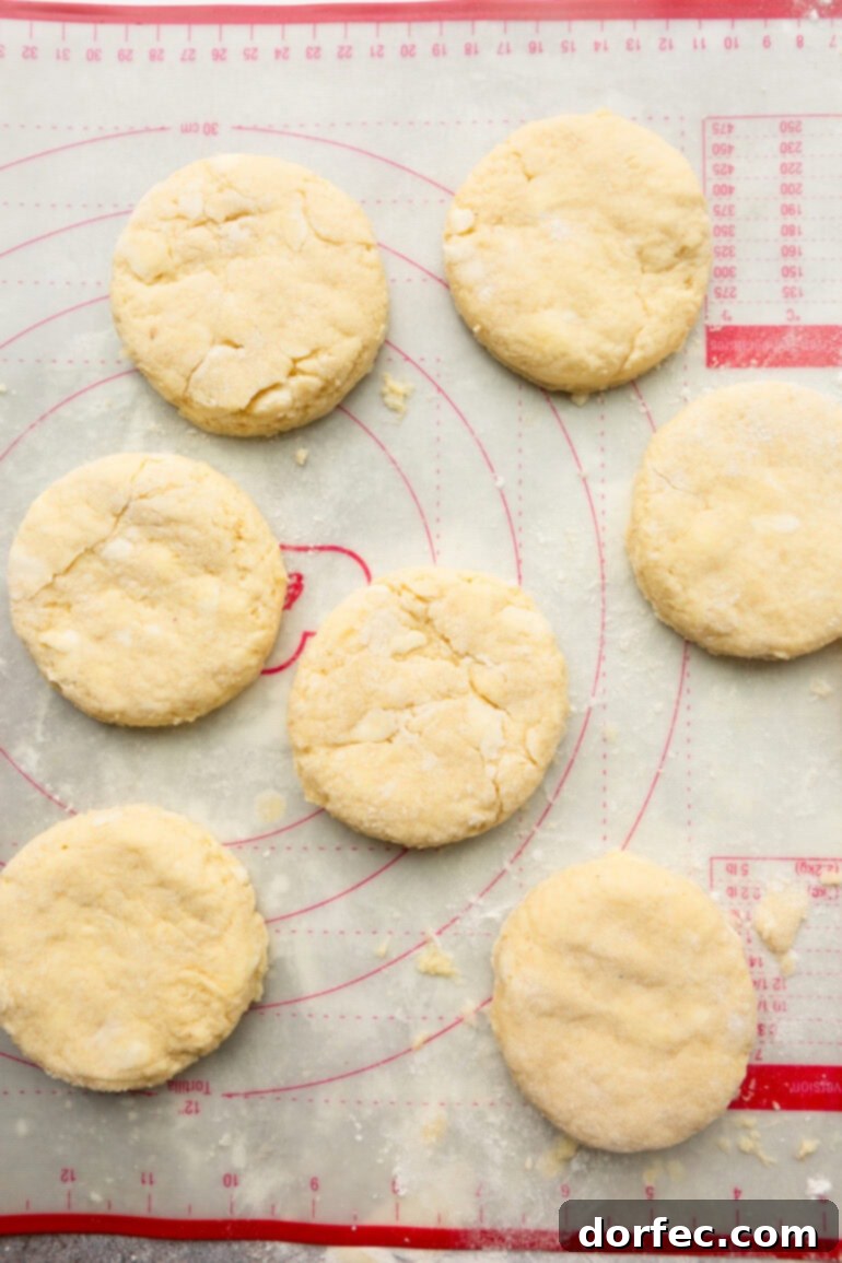 Step-by-step image showing biscuit dough being cut into rounds.