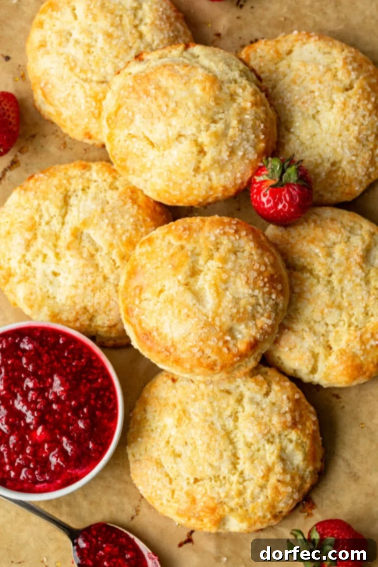 Sweet cream biscuits served with a side of fresh strawberry jam.