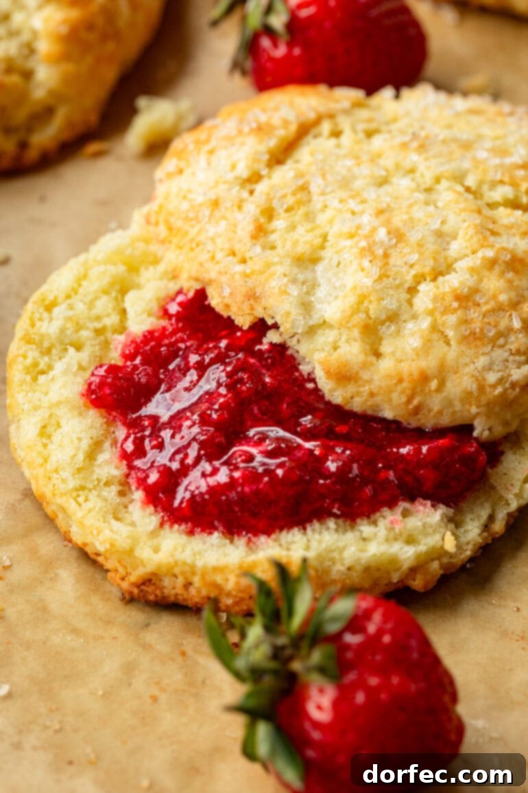 A close-up of a golden sweet cream biscuit filled with strawberry jam.