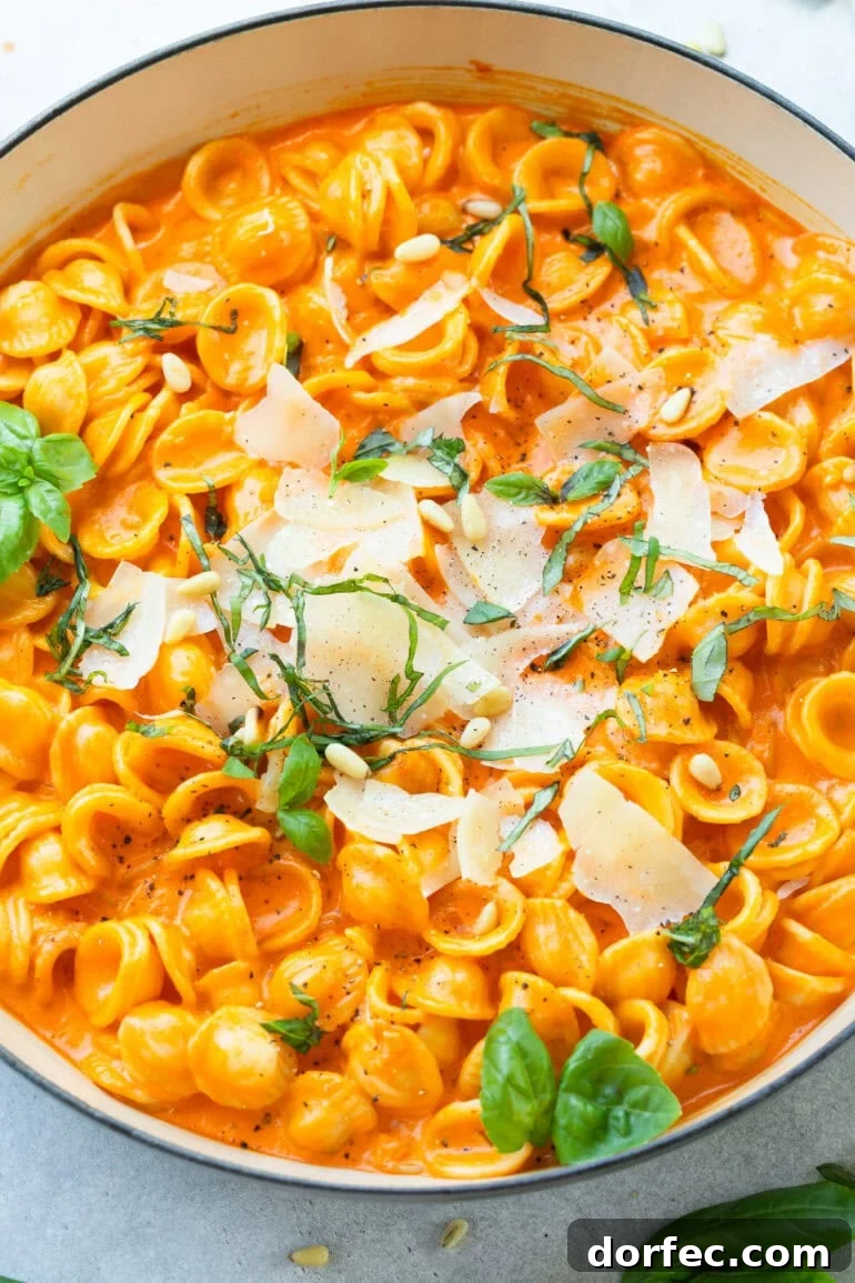 creamy red pepper pasta topped with large pieces of shaved parmesan cheese and fresh basil