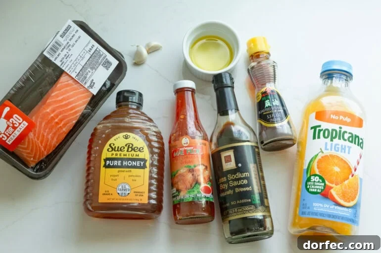 all the ingredients for the best salmon marinade sitting on a white table