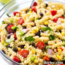 Crowd Pleasing Pasta Salads Made Easy for Potlucks 12 Vibrant Southwest Pasta Salad with corn, black beans, avocado, and a chipotle dressing.