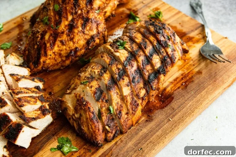 How Long to Grill Chicken Breast for Juicy Results Every Time 2 a grilled chicken breast that has been sliced on a wooden cutting board