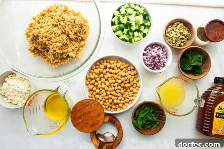 all the ingredients for the jennifer aniston salad in separate small bowls