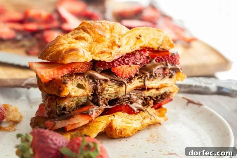 Grilled Croissants with Strawberry and Nutella Filling 2 A plate with a flaky pastry sandwich topped with berries and chocolate hazelnut spread.