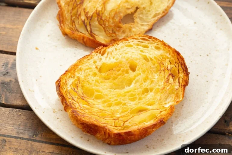 Grilled Croissants with Strawberry and Nutella Filling 5 An open faced grilled flaky pastry sandwich sits on a white plate