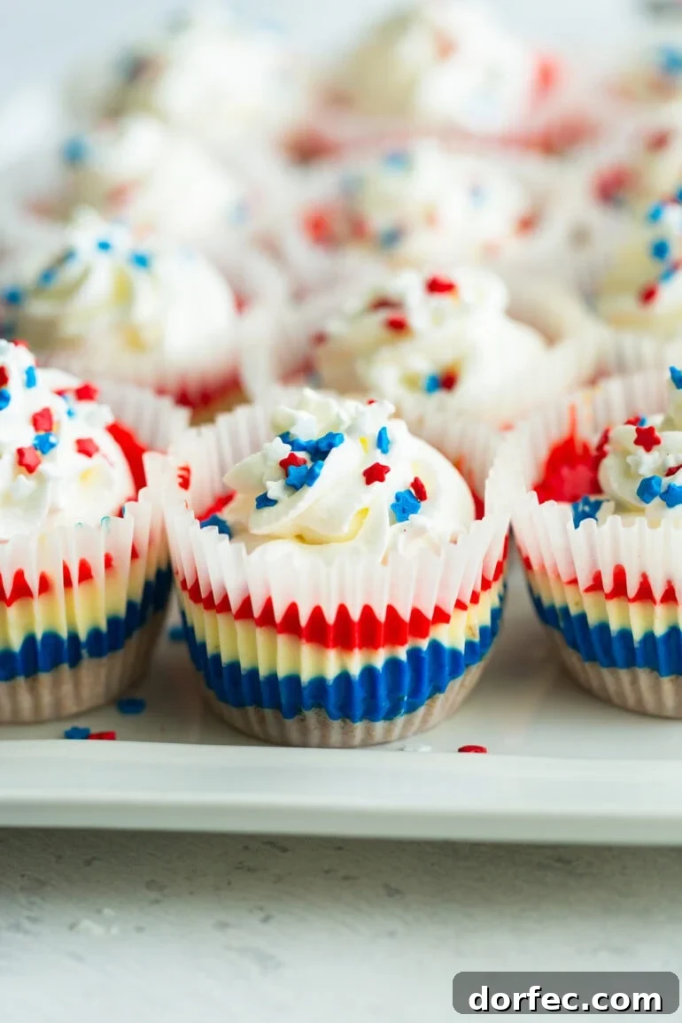 A platter full of layered red, white, and blue cheesecakes with a swirl of whipped cream and patriotic star sprinkles