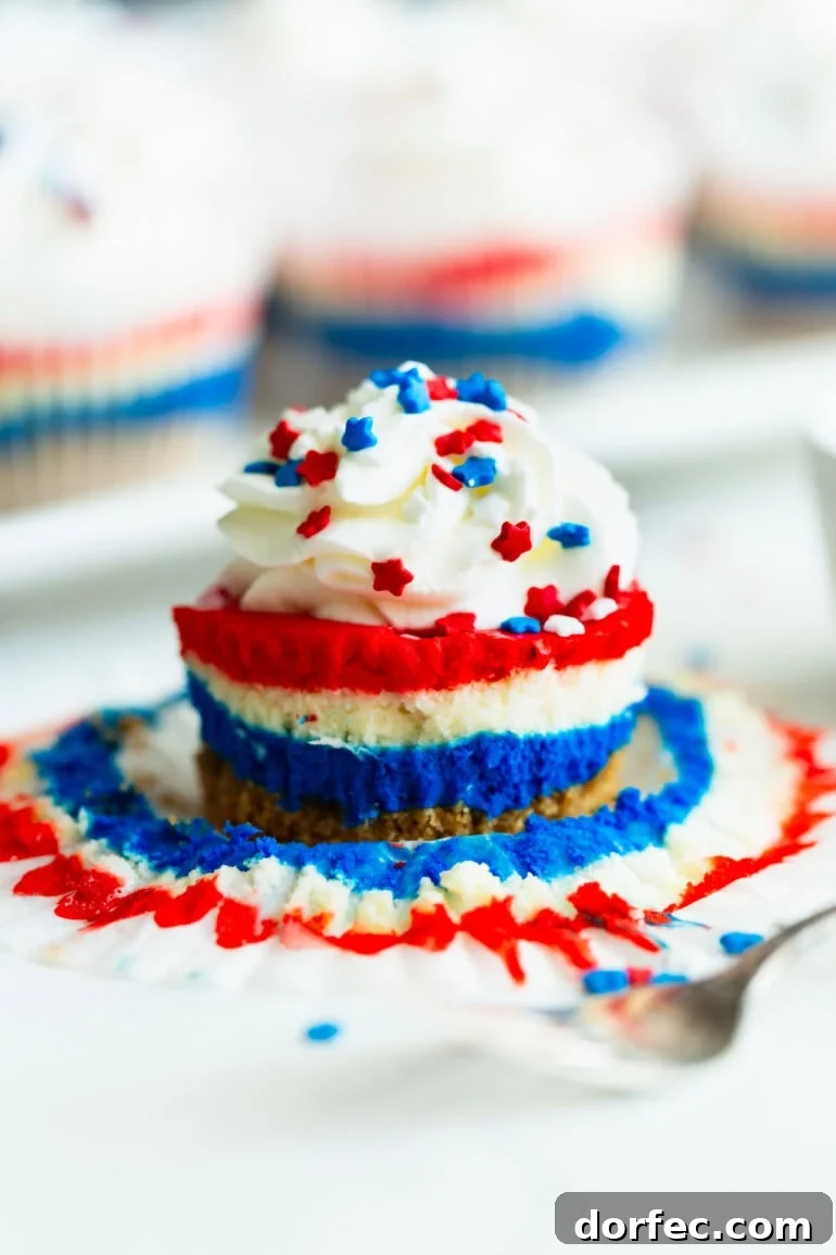 a side view of layered red, white, and blue cheese cakes with a swirl of whipped cream and patriotic star sprinkles