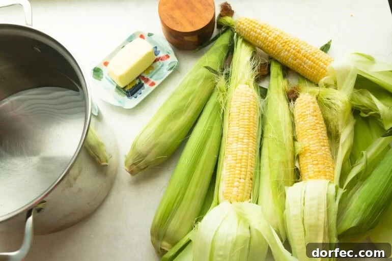 all the ingredients for the best corn on the cob including corn still in its husk, butter, salt and pepper and a large pot of water