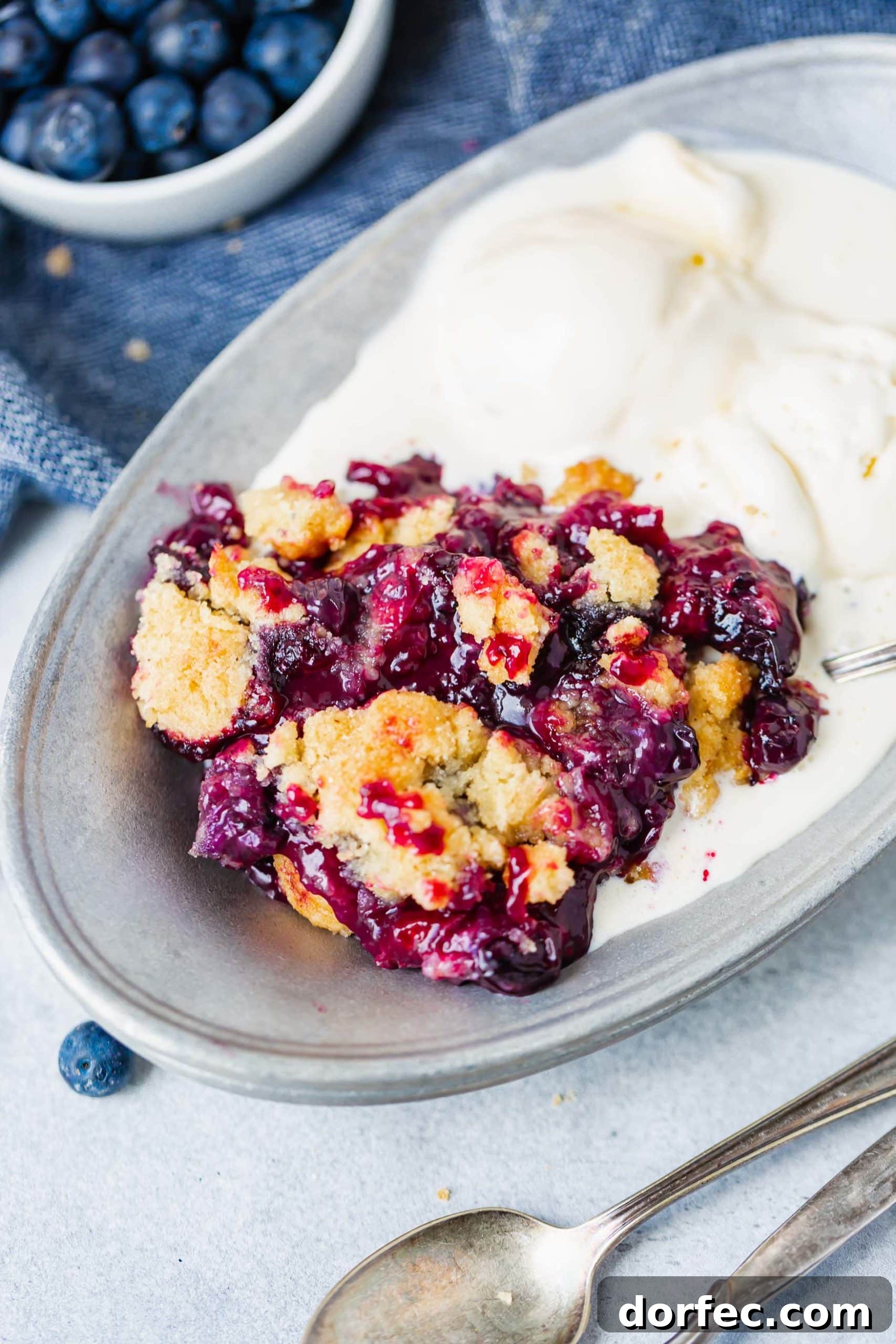 Summer Blueberry Cobbler a photo of a serving of blueberry cobbler with golden topping in a bowl with a side of melting vanilla ice cream.