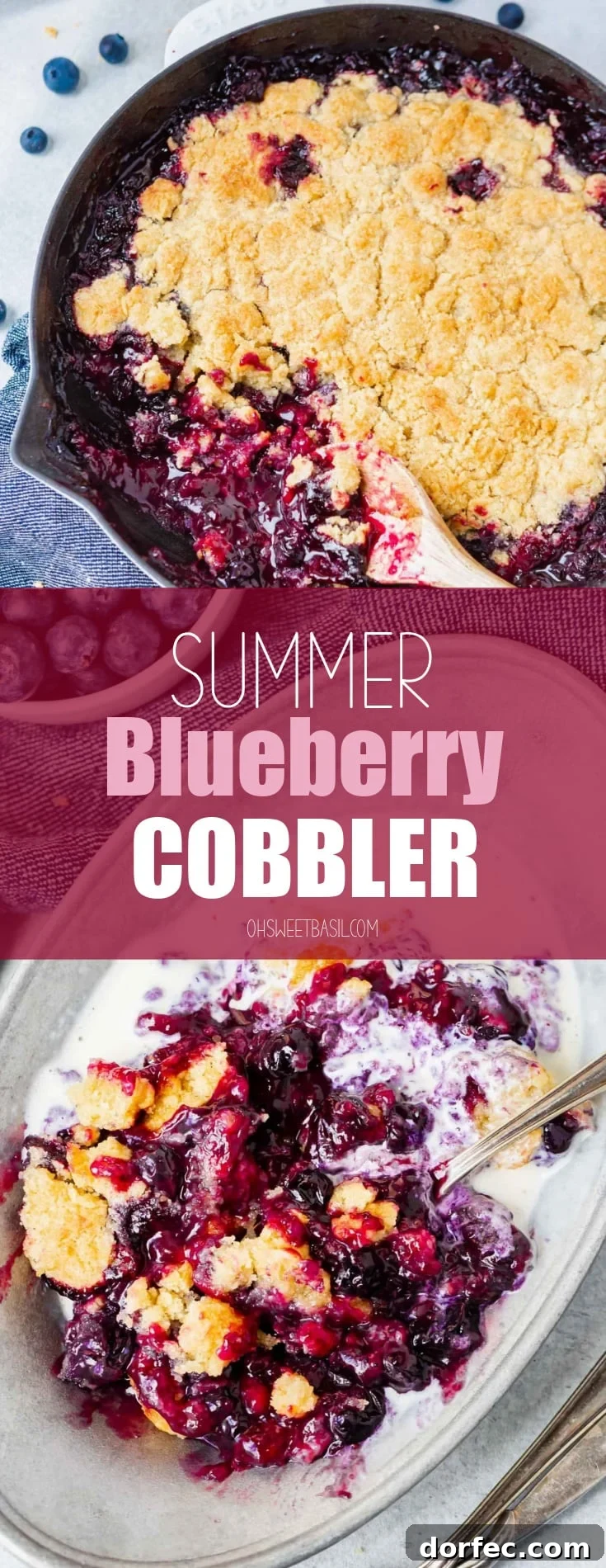Classic Blueberry Cobbler Recipe with Buttery Crumble 2 A skillet full of blueberry cobbler with ice cream
