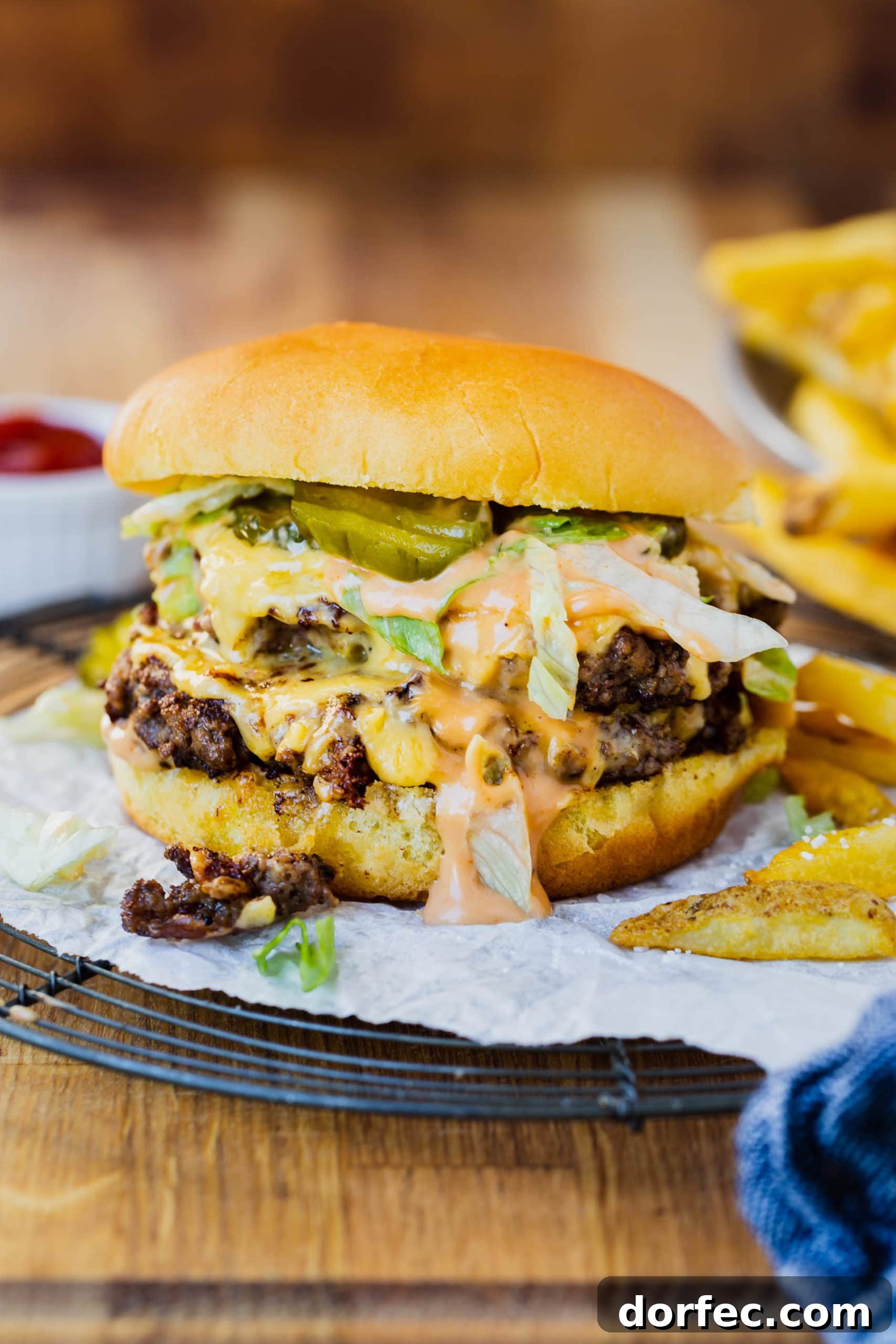 a photo of a cheesy smash burger with two patties, shredded lettuce and pickles on a toasted bun.