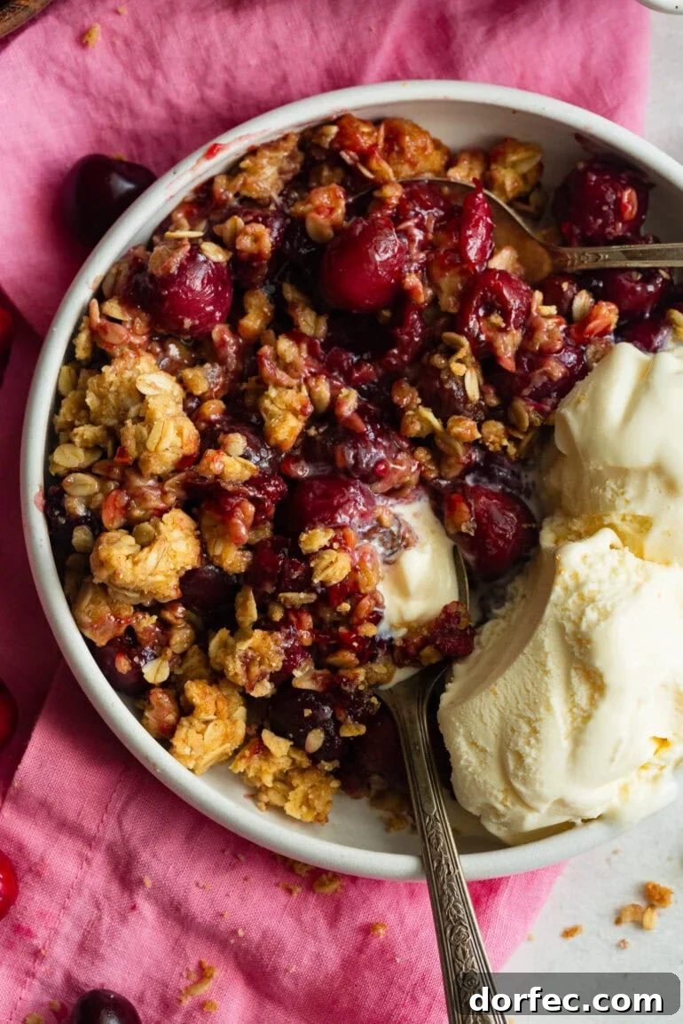 Homemade Old Fashioned Cherry Crisp Recipe 8 a serving of cherry crisp in a small bowl melting vanilla ice cream on the side of the dish